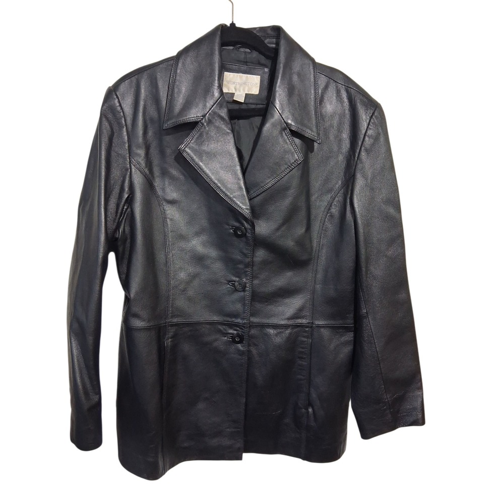 Y2k VTG Worthington Black Genuine Leather Blazer Jacket Women's XL Button Front